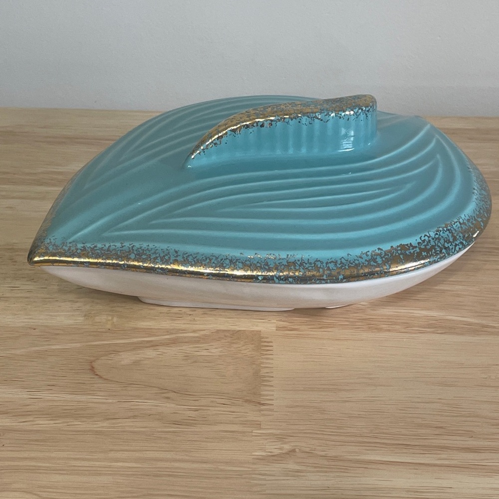 MCM Marcia of California Bowl Dish w/ Lid Pottery Turquoise and Gold Leaf Shape